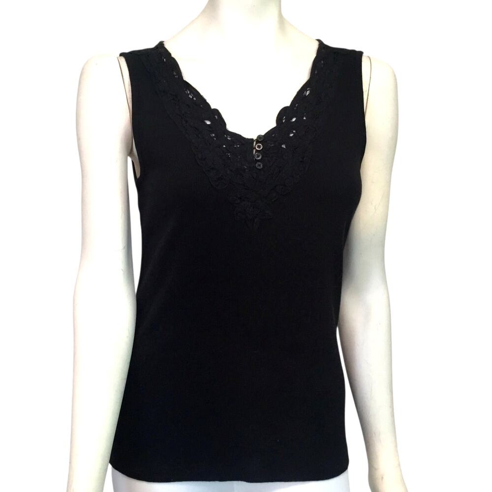 Lauren Ralph Lauren Knit Top Sleeveless V-Neck Black Large